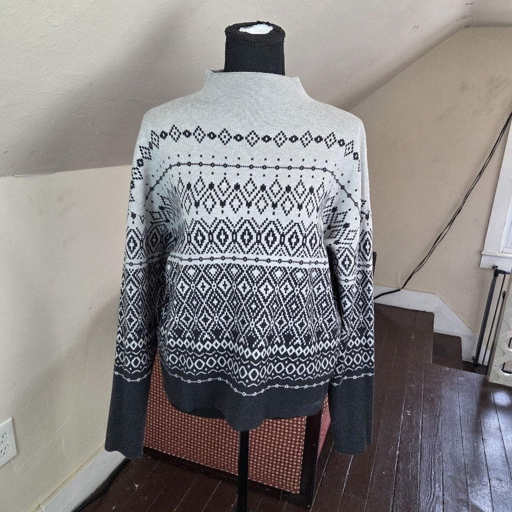 Joie Gray Black Fair Isle Sweater M Mock Neck Stretchy Knit Pullover - Picture 1 of 12